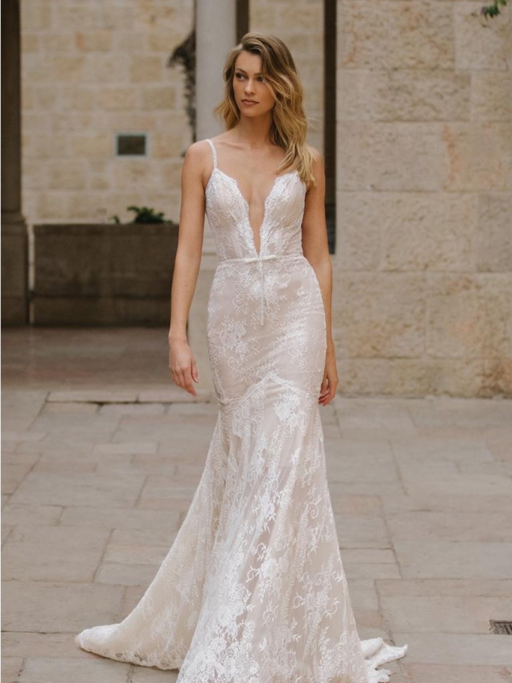 Plunge V-Neck Lace Bridal Gown in Ivory